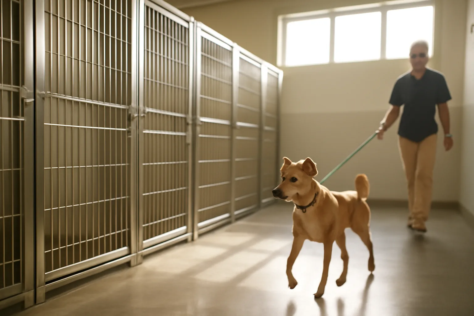 Indoor dog kennel runs with steel gates and a dog on a leash in Seattle facility