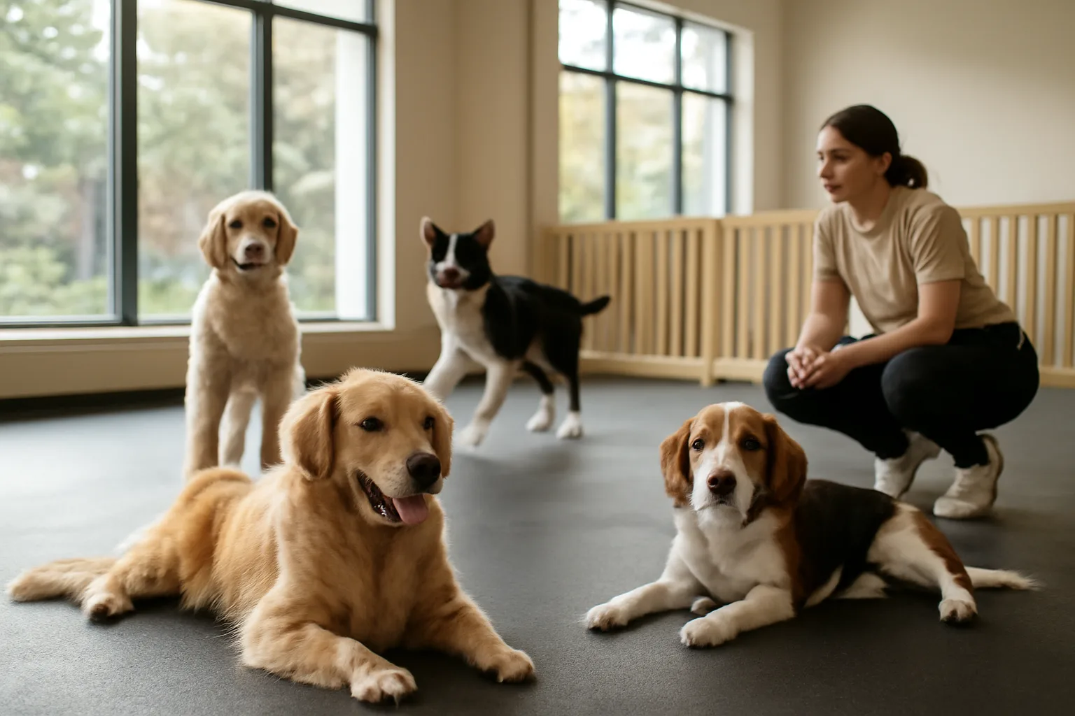 Indoor dog daycare play area similar to Dogtopia Anaheim Hills with dogs and staff supervision