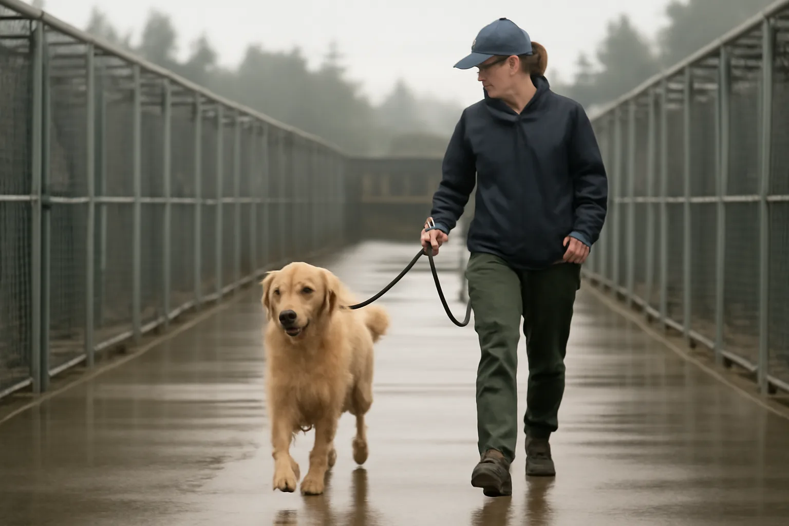 Staff member walking a dog across a wet kennel yard at a Seattle dog boarding facility