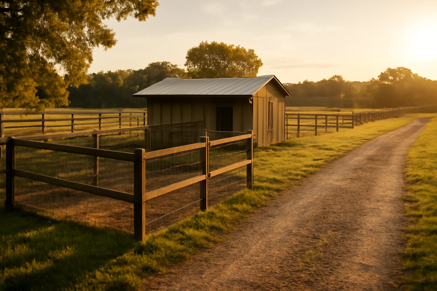 Rural kennel building and fenced dog run set back from property line at dusk