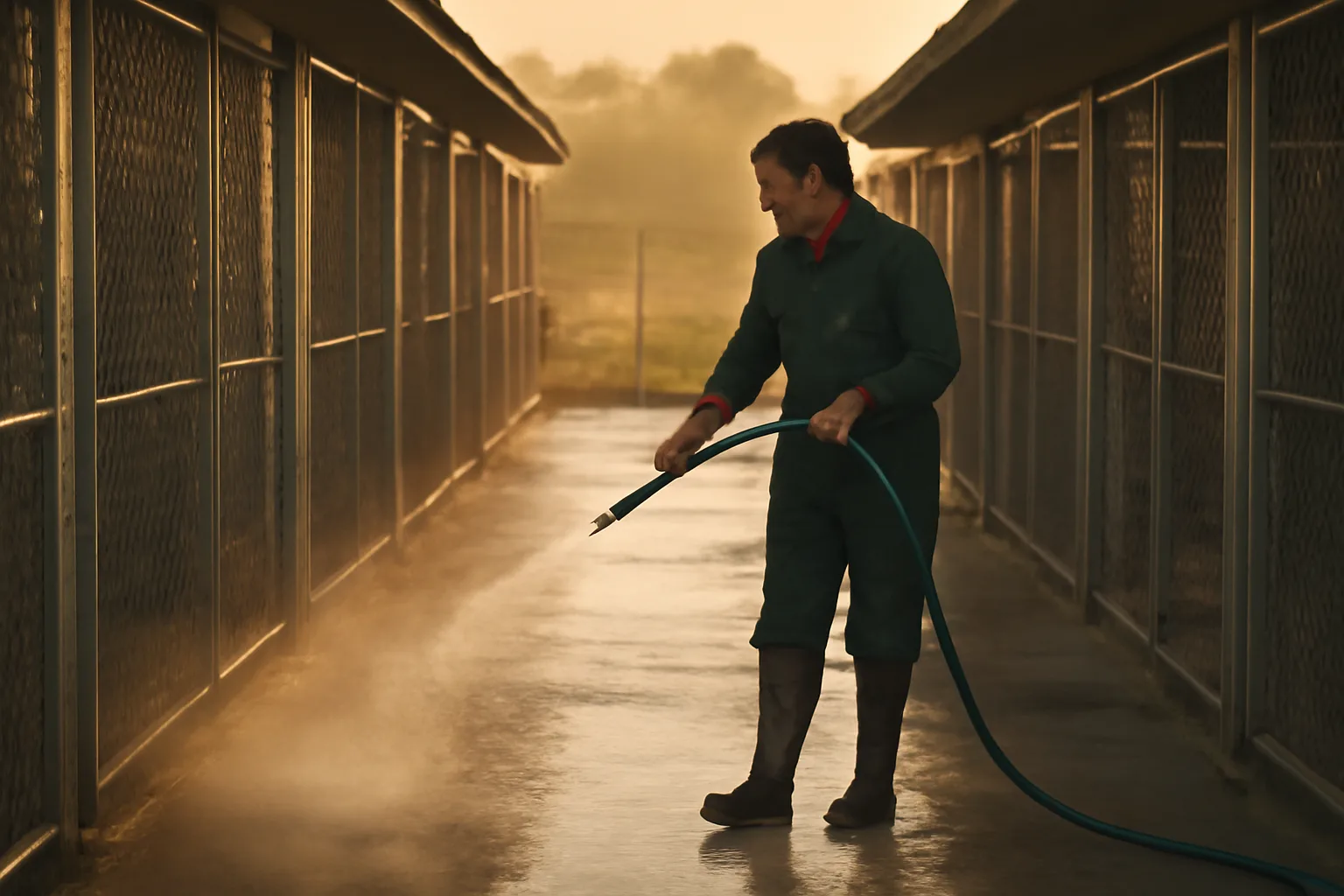 Staff member cleaning outdoor dog runs at a boarding kennel in early morning light