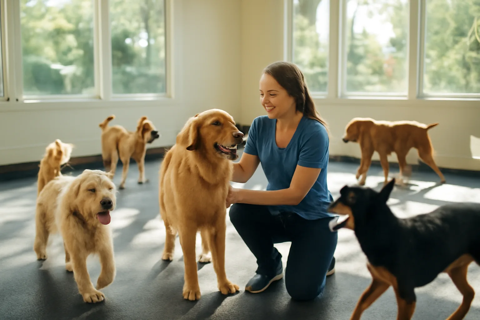 Staff supervising dogs playing on rubber flooring inside a licensed dog daycare