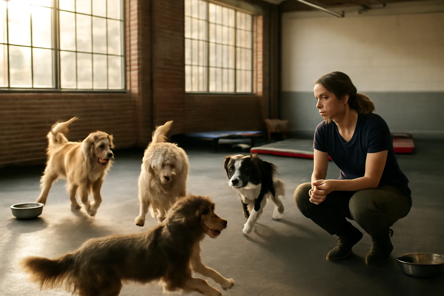 Dogs playing off-leash inside a sunlit commercial doggie day care facility