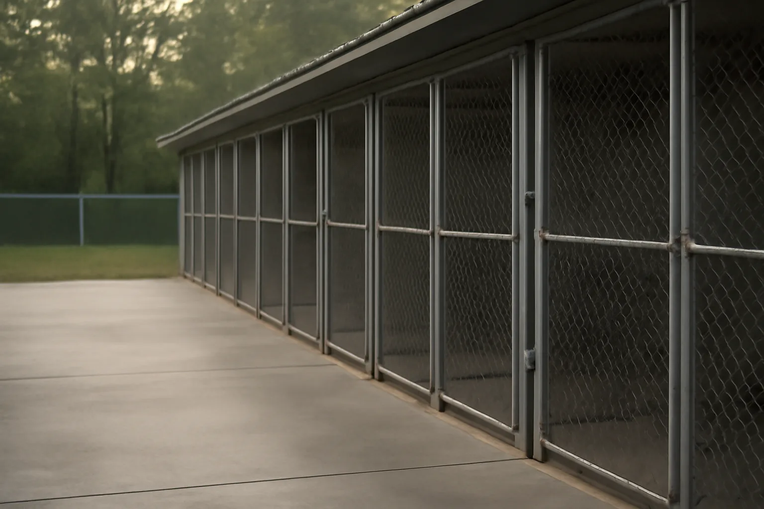 Rows of outdoor dog kennel runs at a licensed boarding facility in morning light
