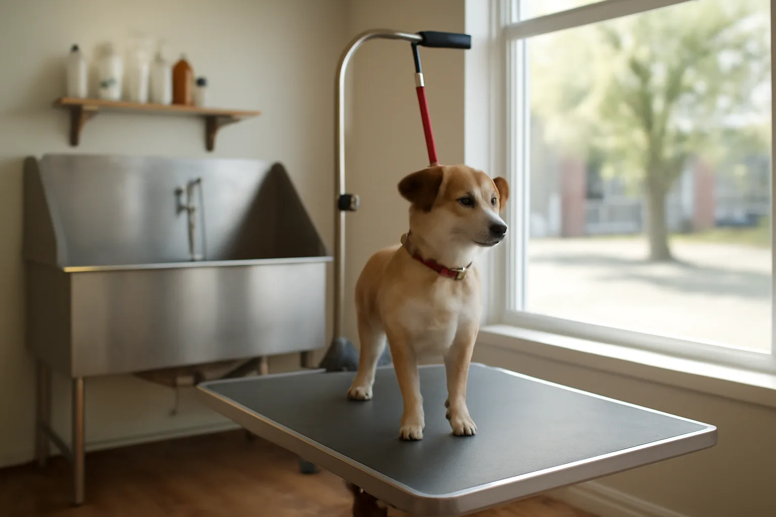 Groomer working at a stainless table inside a licensed pet grooming facility