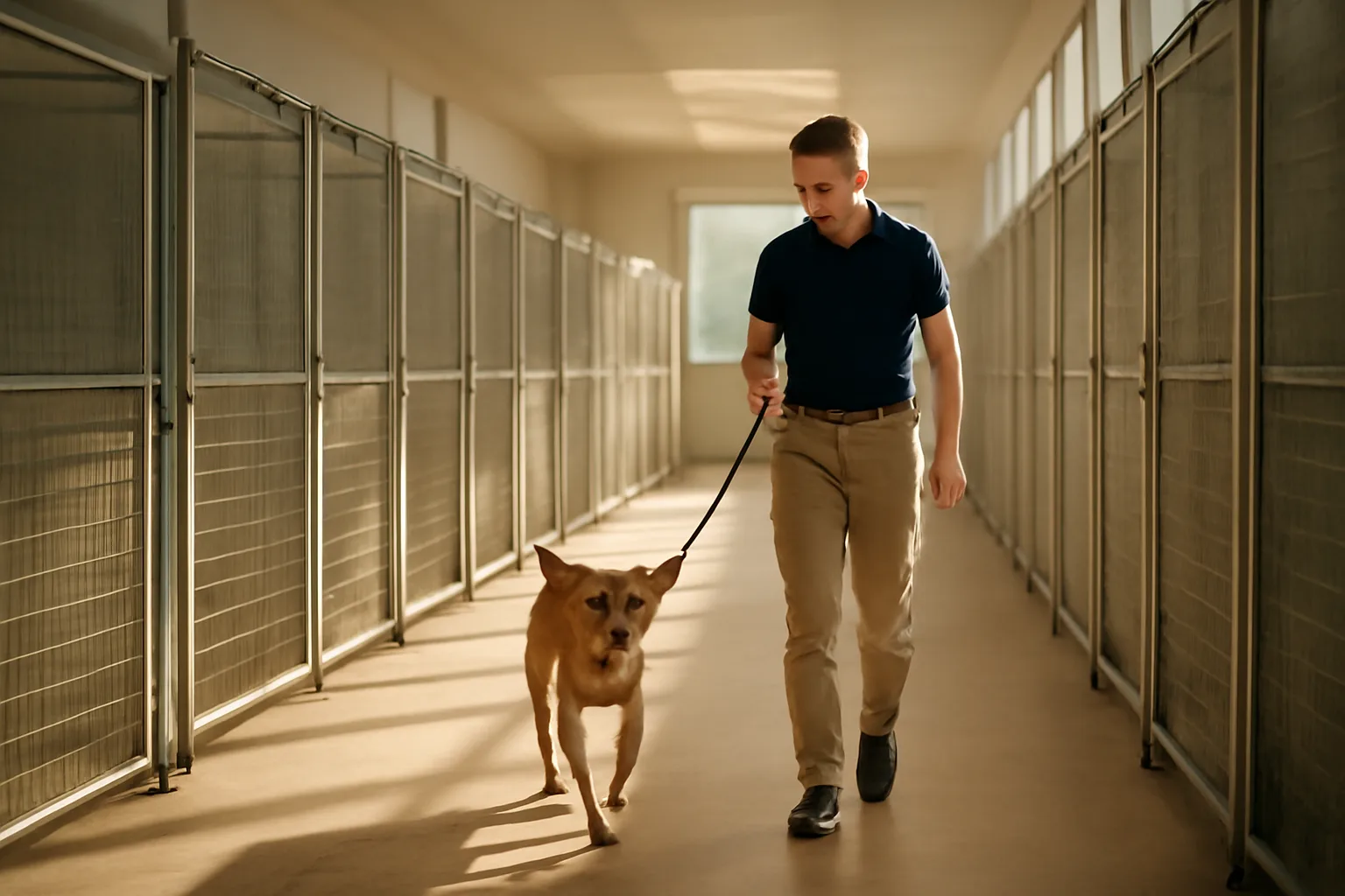 Staff member walking a dog through a clean indoor boarding kennel hallway in morning light