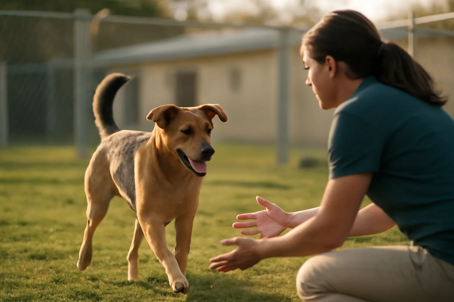 Dog running across a play yard at a boarding facility in late afternoon light
