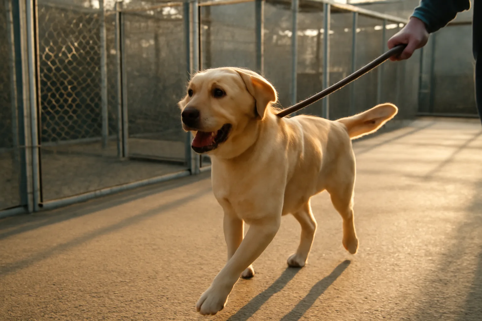 Large dog in an outdoor boarding kennel play yard during late afternoon light