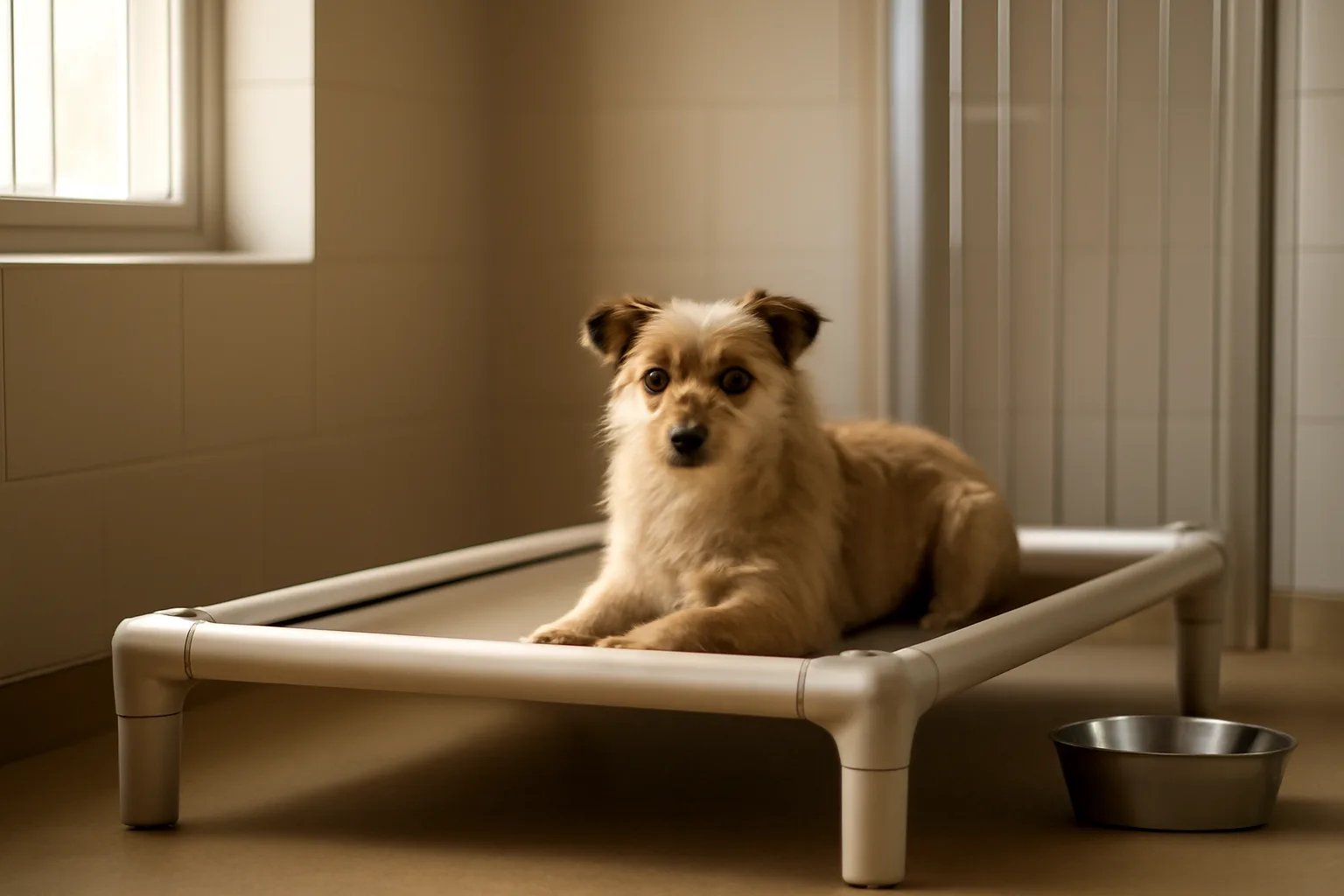 Small dog resting on a cot inside a clean indoor boarding kennel suite