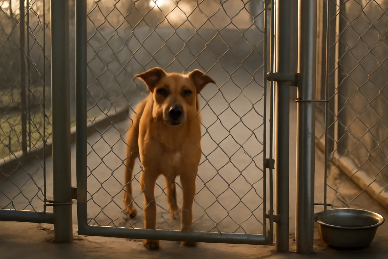Dog standing at the gate of an outdoor kennel run during canine boarding