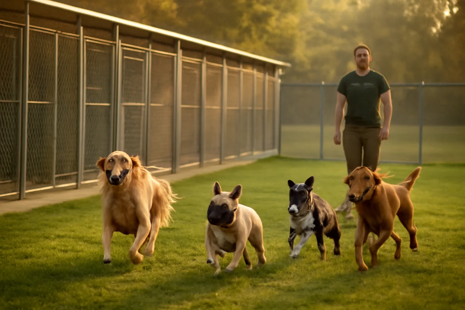 Dogs playing in an outdoor yard at a boarding and daycare facility in early morning light
