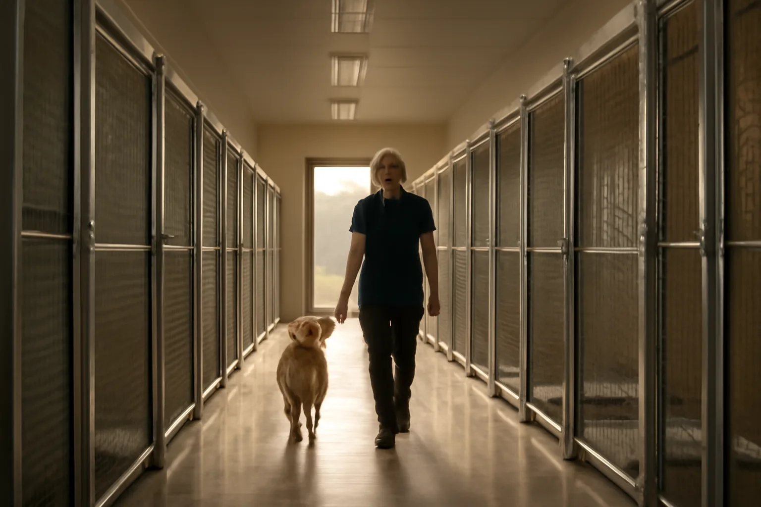 Chicago pet boarding kennel hallway with clean dog runs and a staff member walking a dog