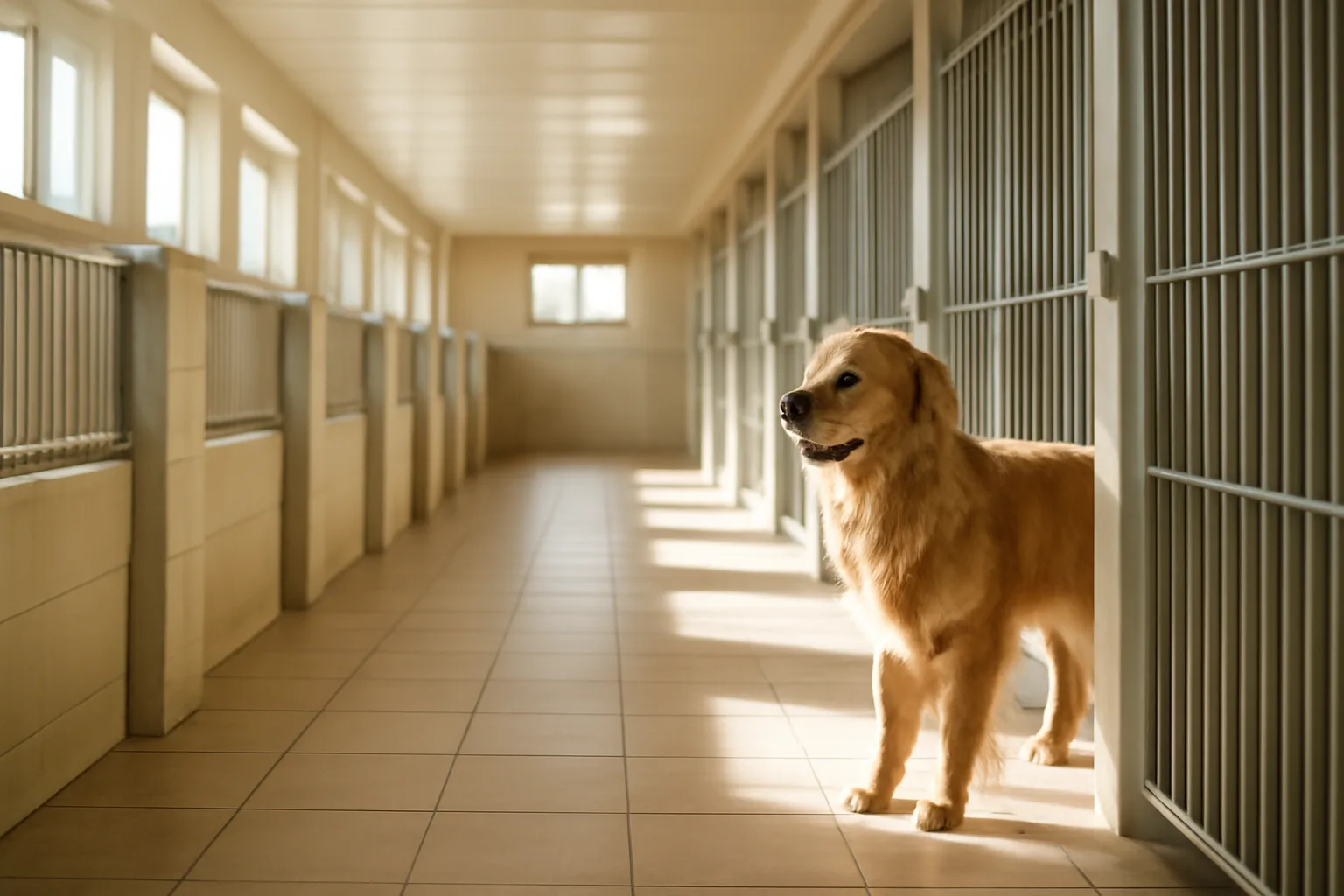 Clean indoor pet resort hallway with kennel suites and a golden retriever