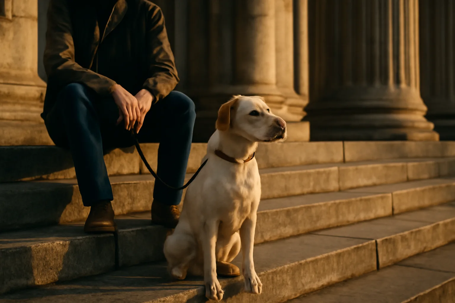 A dog and owner sitting on courthouse steps at sunset, illustrating dog legal status