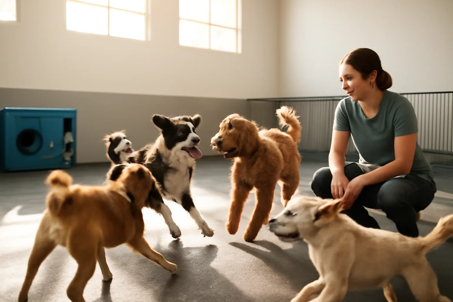 Staff member supervising several dogs playing during a dog care day at an indoor facility