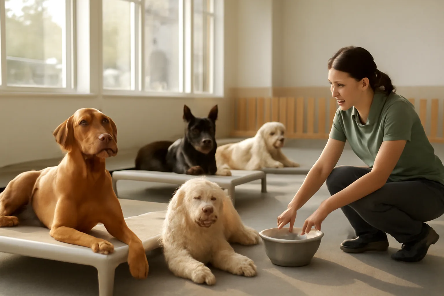 Sunlit dog lounge interior with dogs resting on platform beds and rubber flooring