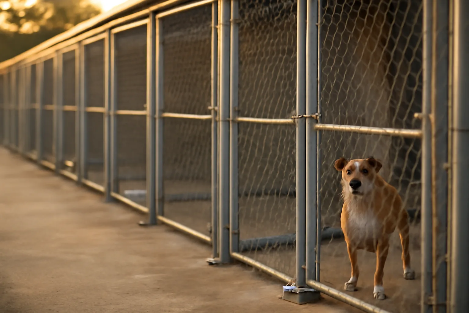 Outdoor kennel runs at a licensed dog boarding facility during golden hour