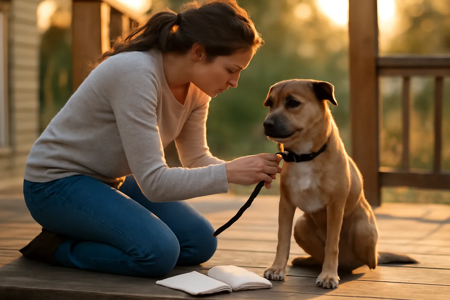 Woman clipping a leash onto a dog on a porch at sunrise