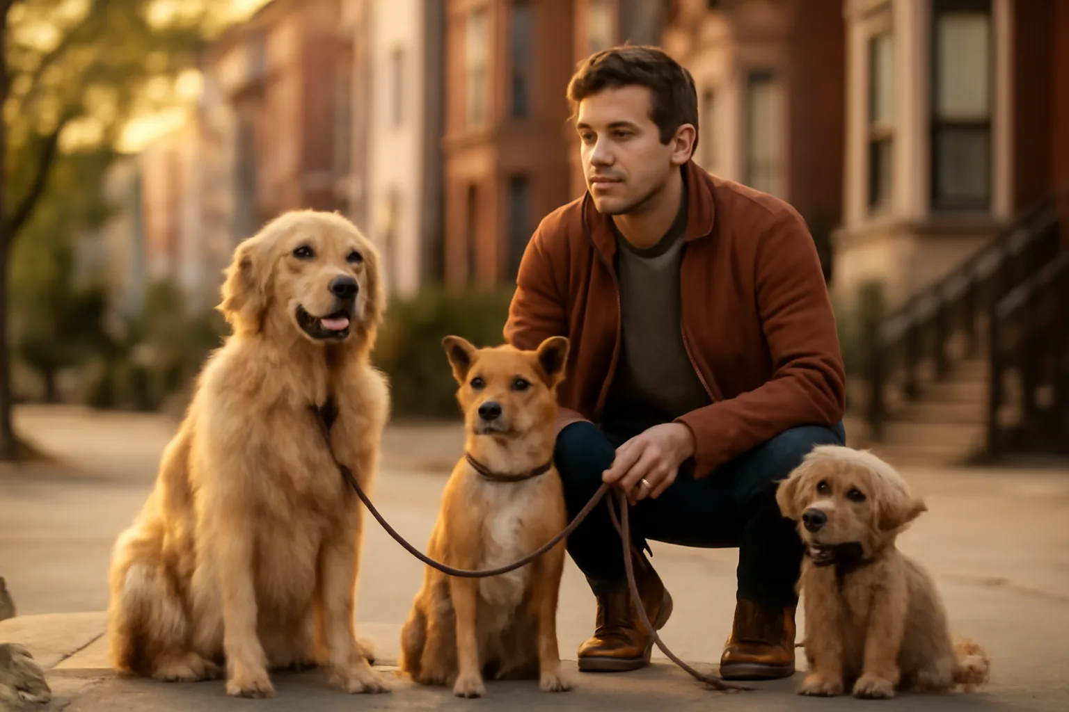 Dog walker holding three leashes with dogs on a city sidewalk at sunset