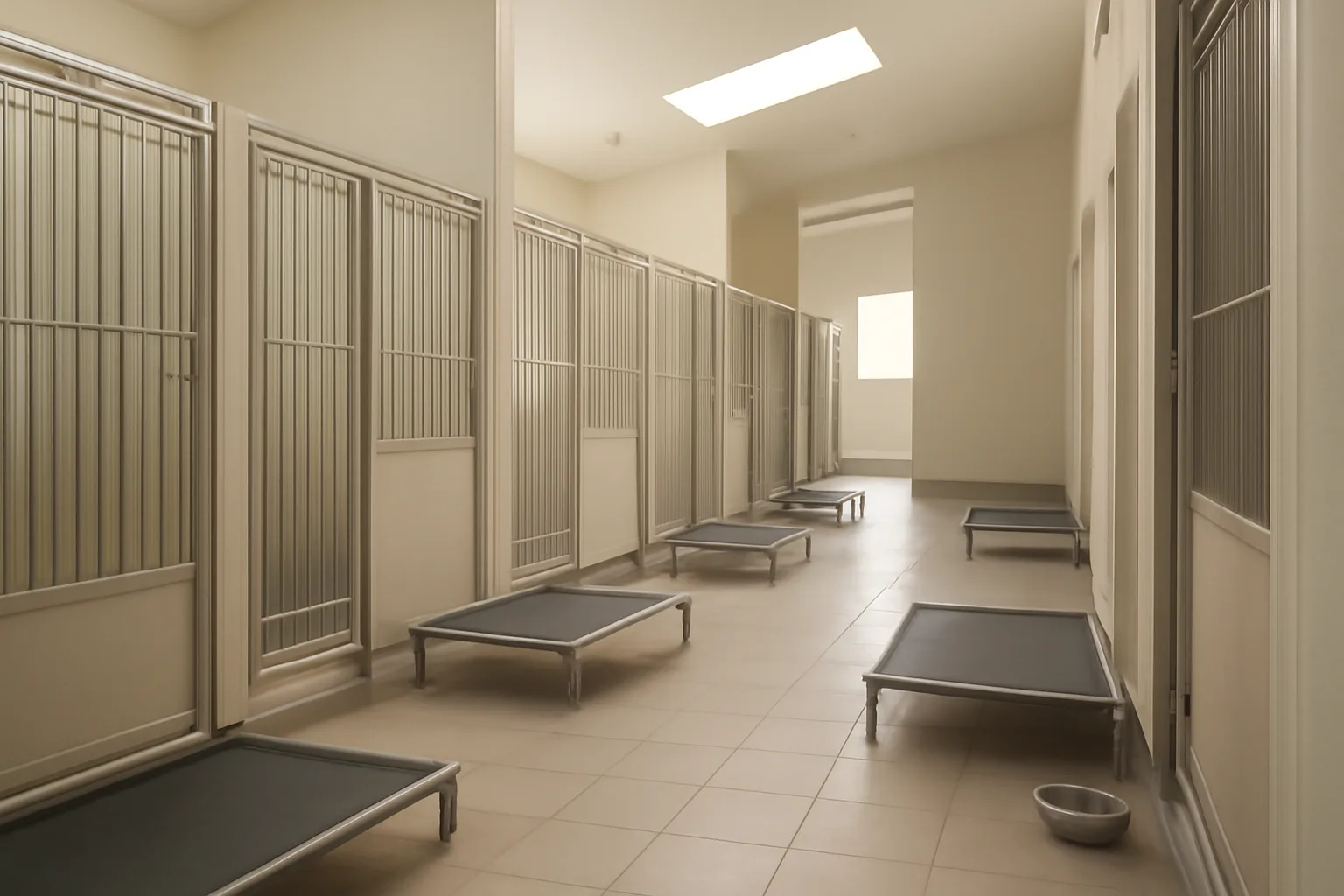 Empty sunlit hallway of suites inside a doggie hotel boarding facility