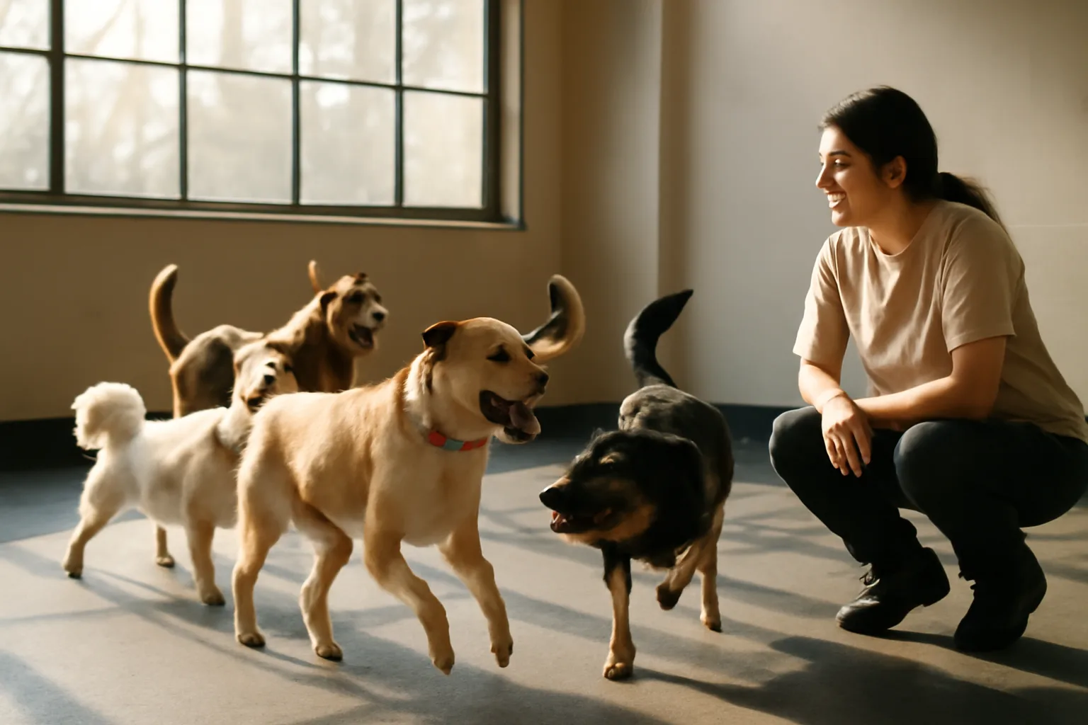 staff member supervising dogs playing during doggy day at an indoor daycare facility