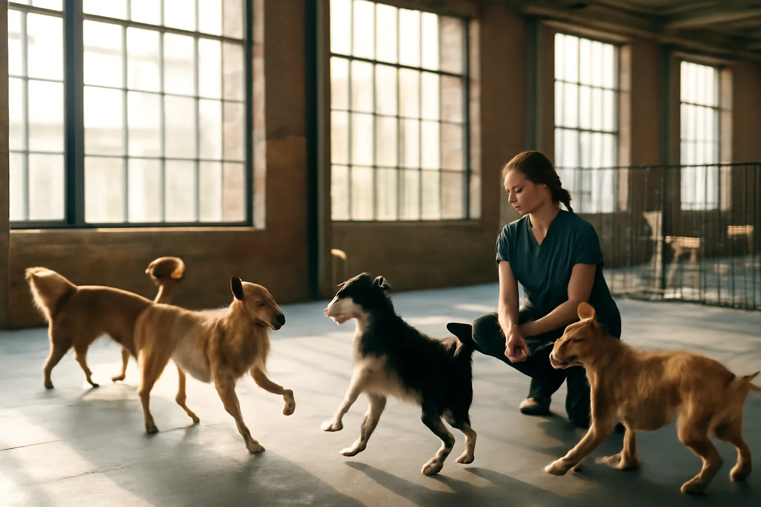 Staff member supervising dogs playing at a bright doggy daycare facility