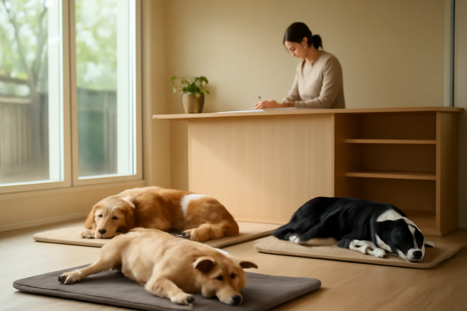 Dogs resting near a reception desk inside a daycare-style doggy office space