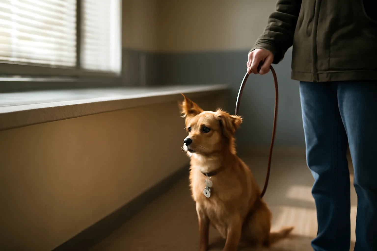 Dog owner at a county office counter during dog registration and licensing process
