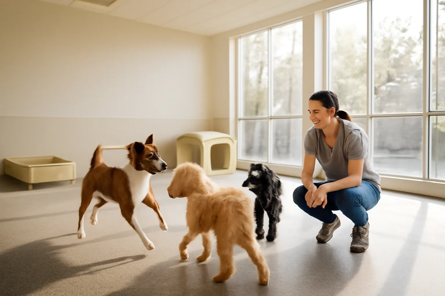 Staff member supervising dogs playing in an open daycare room like Dogtopia Bethpage