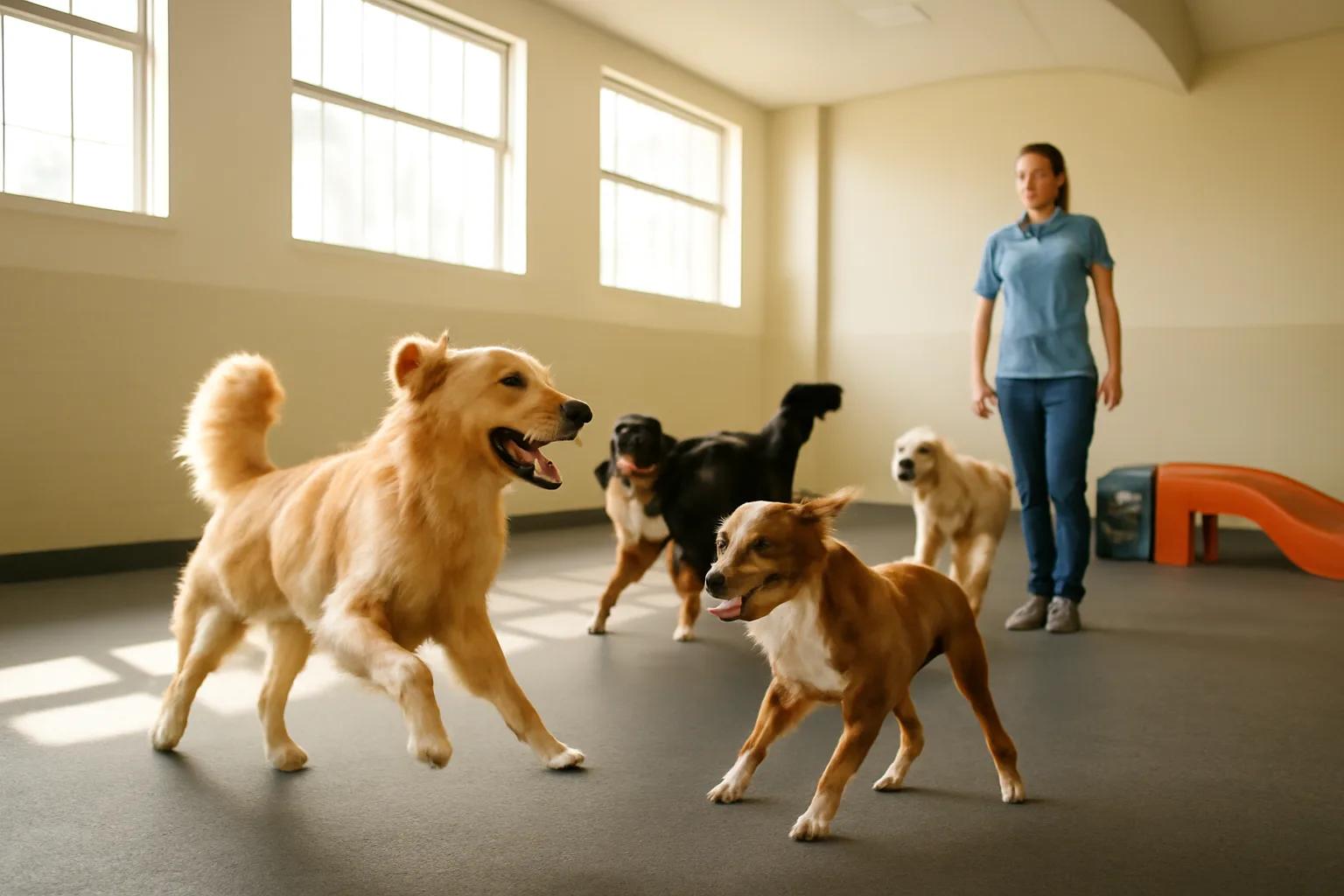Dogs playing in an open indoor daycare room similar to Dogtopia Birmingham