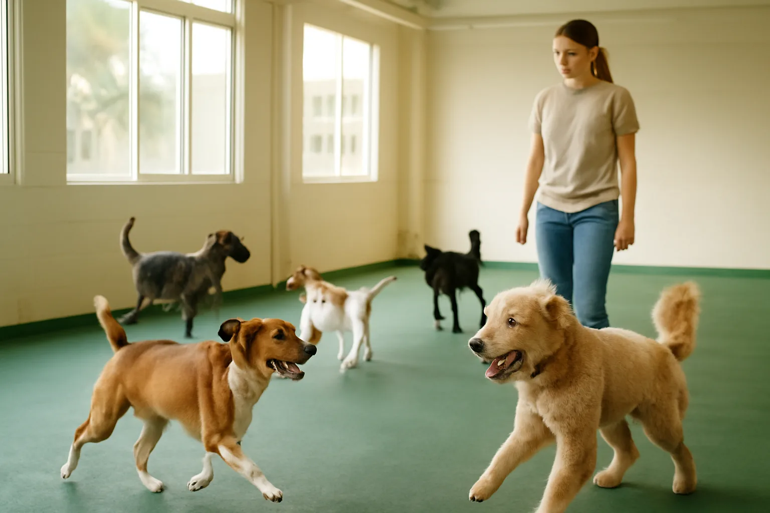 Dogs playing in a bright indoor daycare facility play area with rubberized flooring