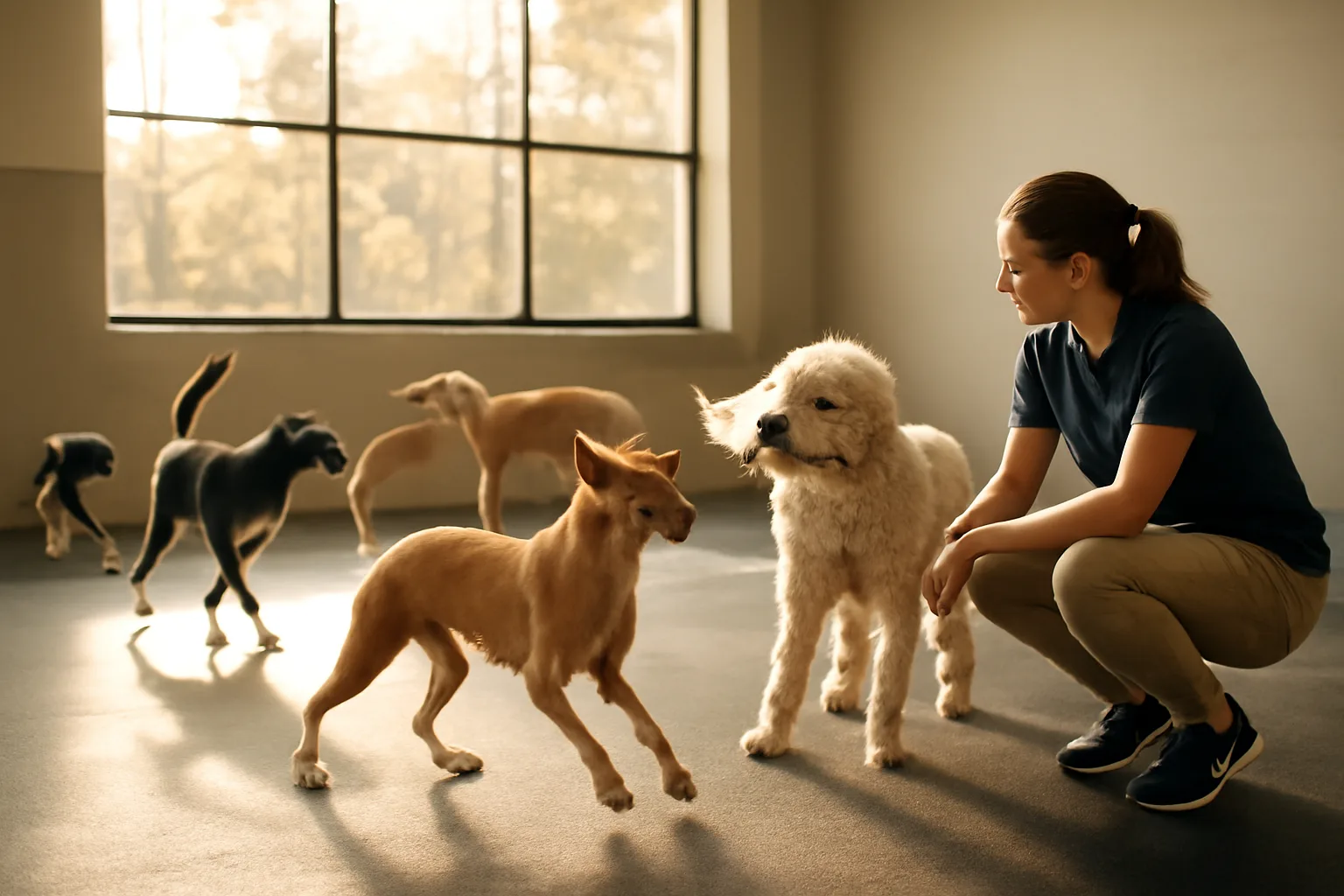 Dogs playing in a bright indoor daycare space like Dogtopia Bloomington