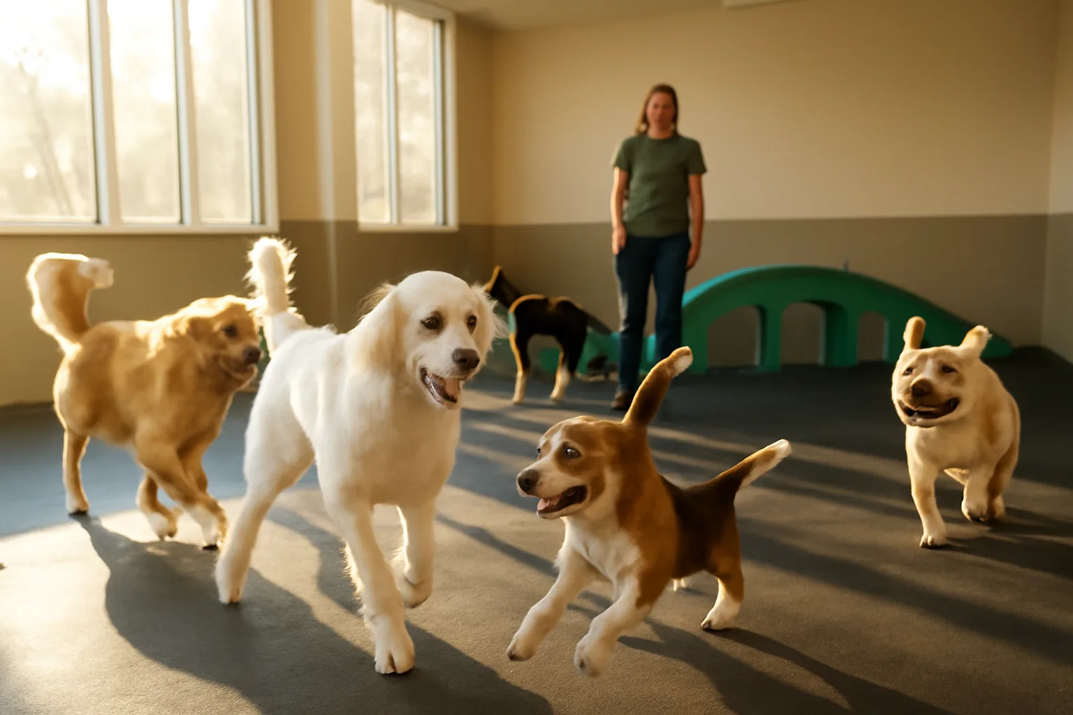 Dogs playing in a sunlit indoor daycare facility similar to Dogtopia Chantilly