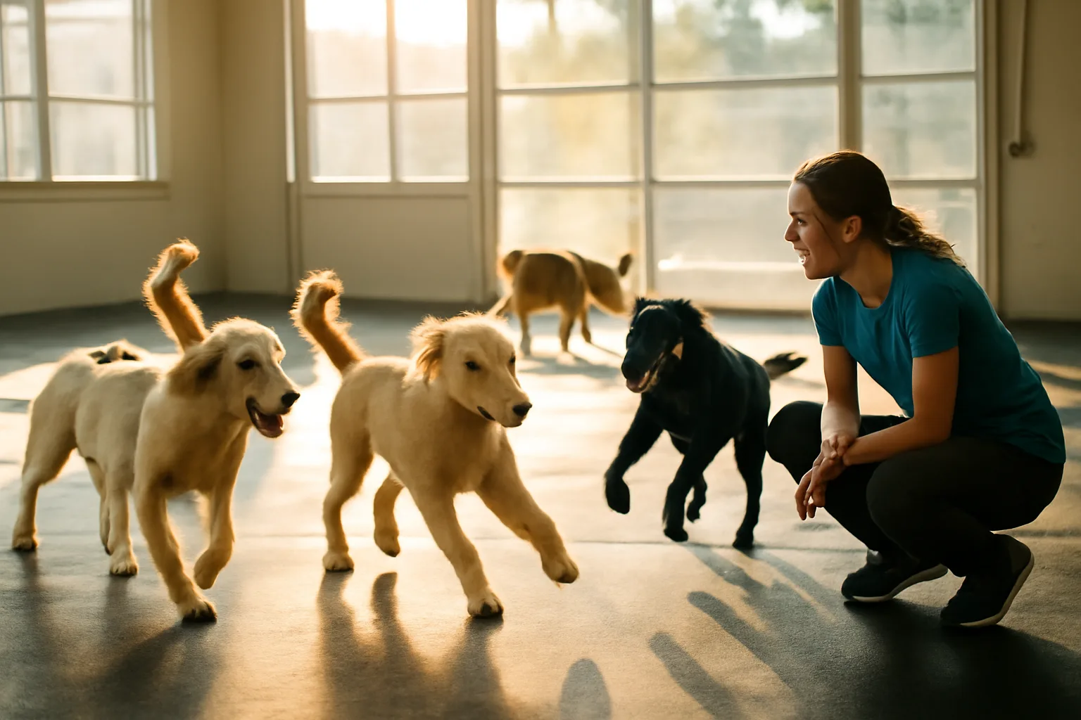 Dogs playing indoors at a daycare and boarding facility similar to Dogtopia Decatur