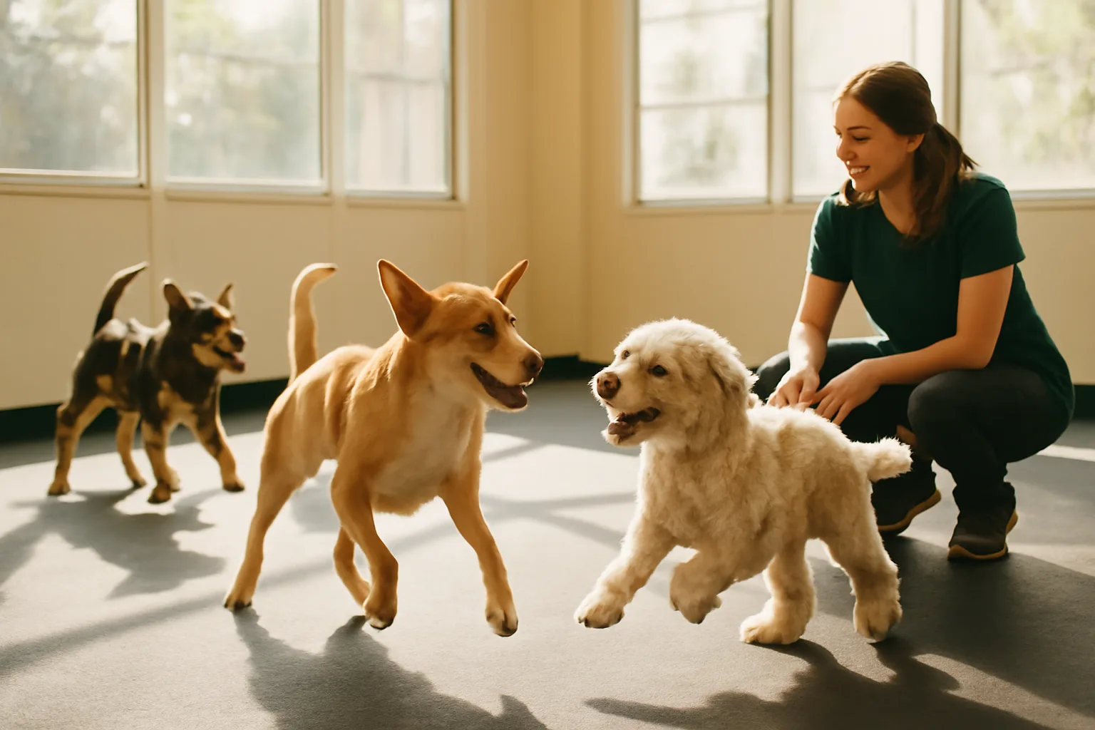 Dogs playing in an open indoor daycare play room similar to Dogtopia Norwell