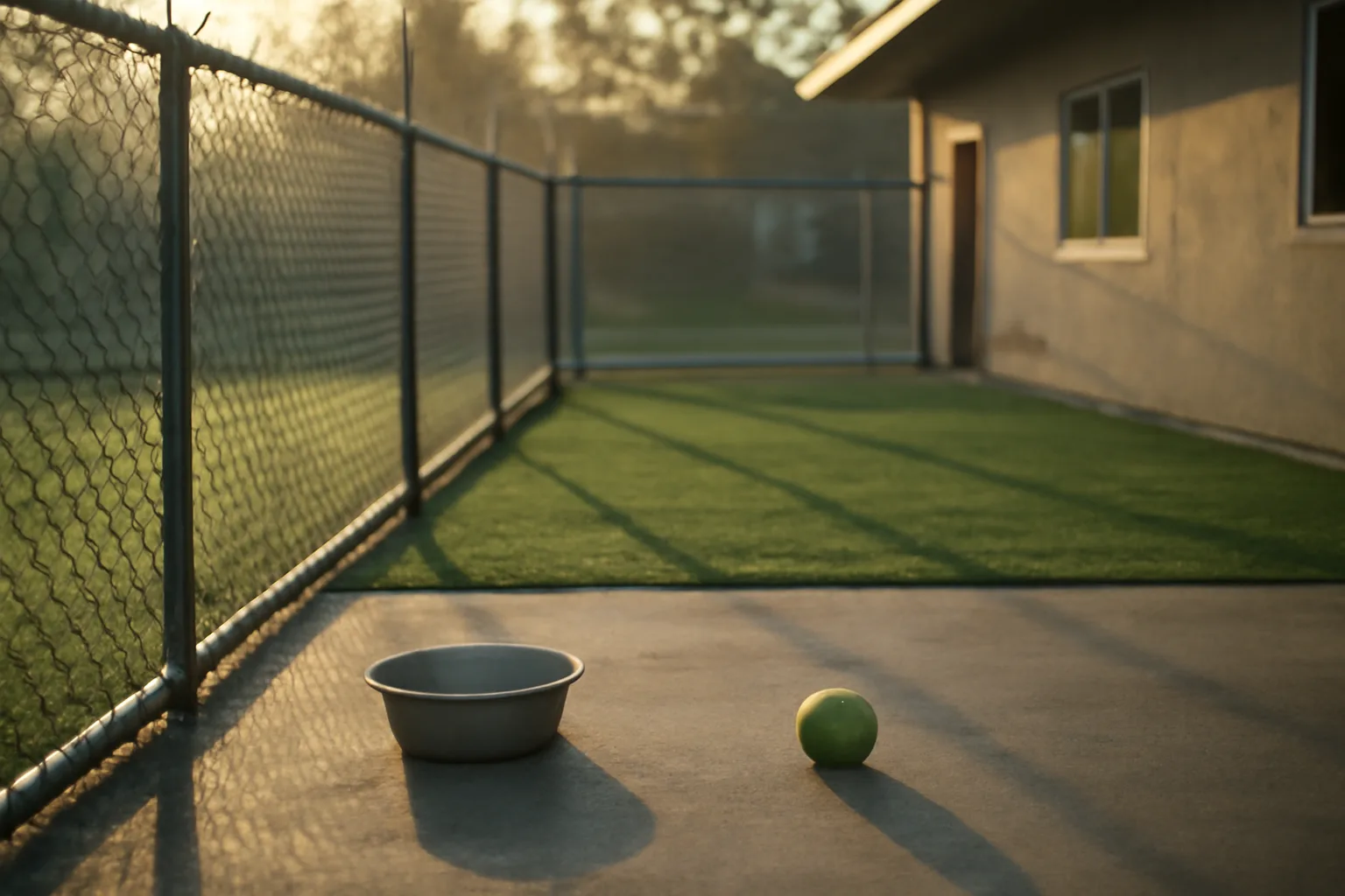 Empty fenced outdoor play yard at a dog daycare facility in early morning light