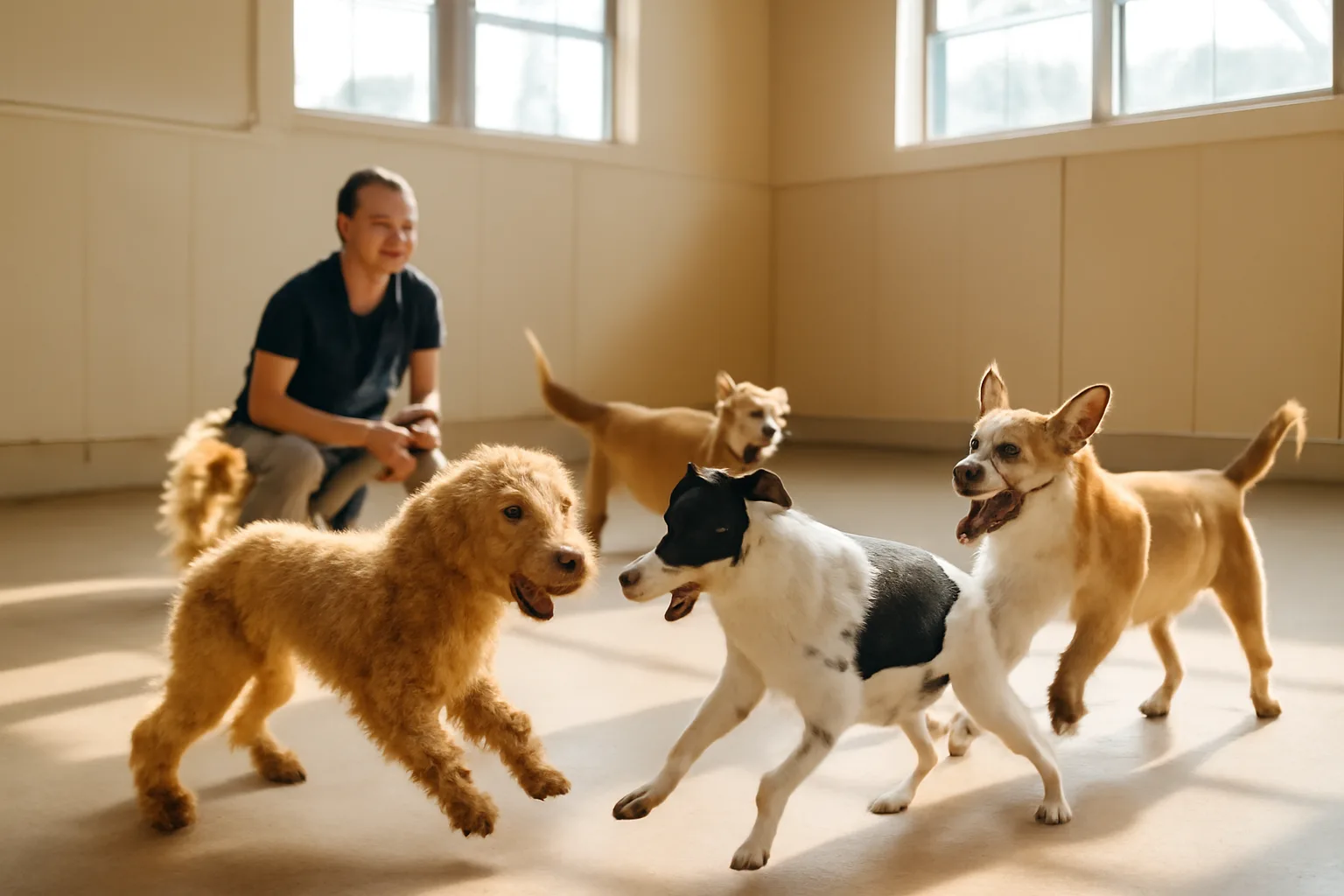 Dogs playing supervised in a bright indoor daycare playroom near San Marcos, CA