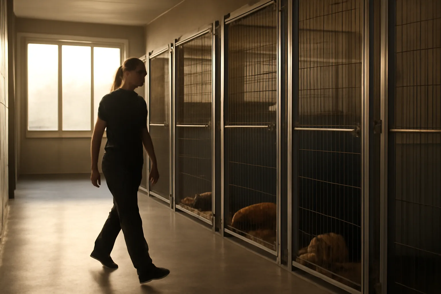 Sunlit hallway inside a dog boarding and training center with kennel runs