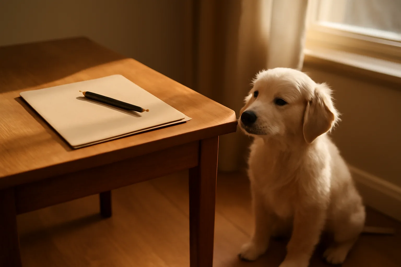 Puppy sitting beside a paperwork folder on a desk during dog registration