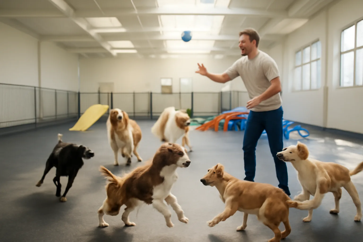 Attendant supervising several dogs playing in a bright indoor daycare and boarding facility