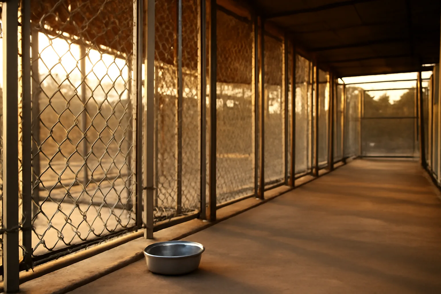 Empty outdoor dog kennel run with concrete flooring and fencing at sunrise