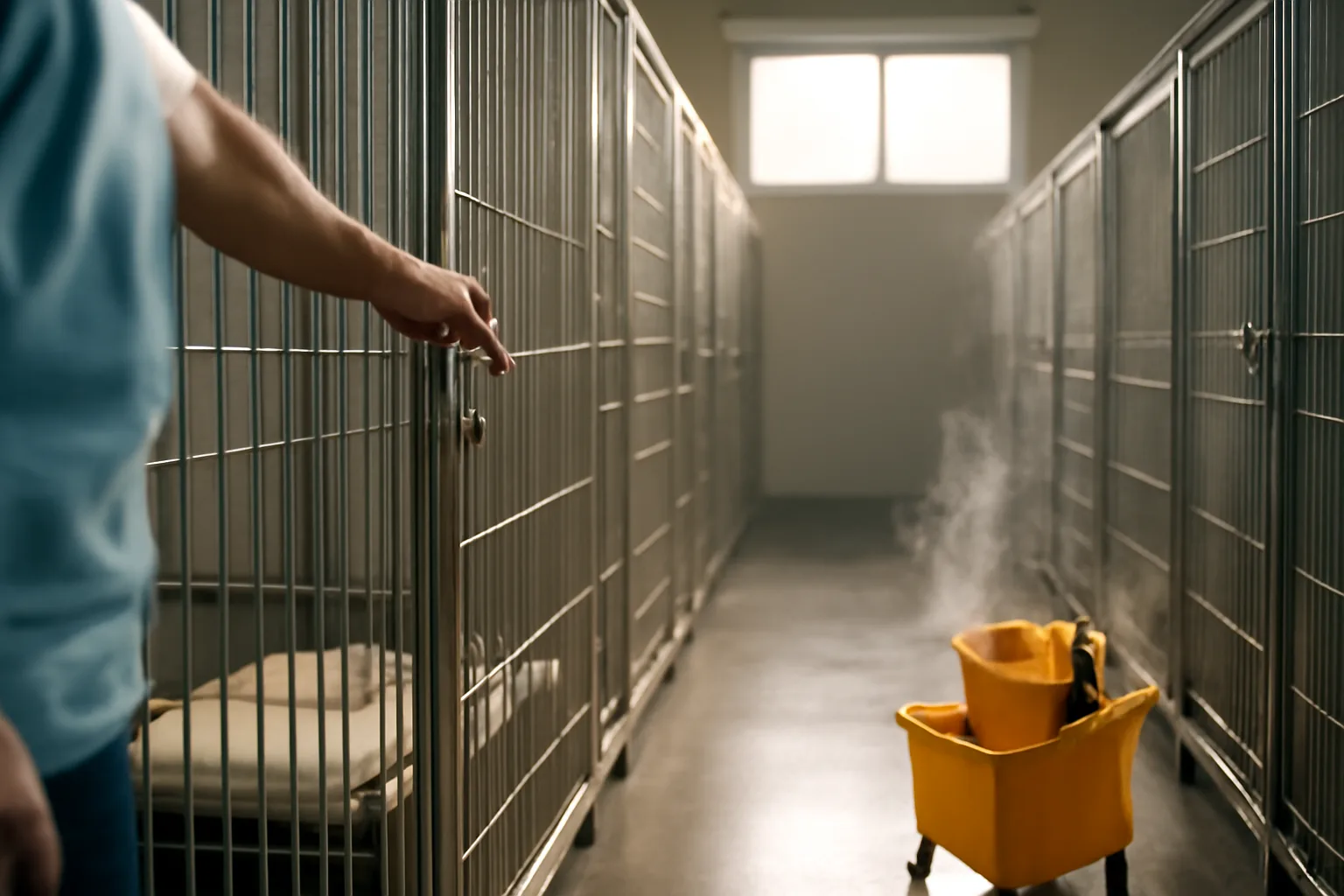 Kennel hallway at sunrise showing clean dog runs during overnight dog boarding