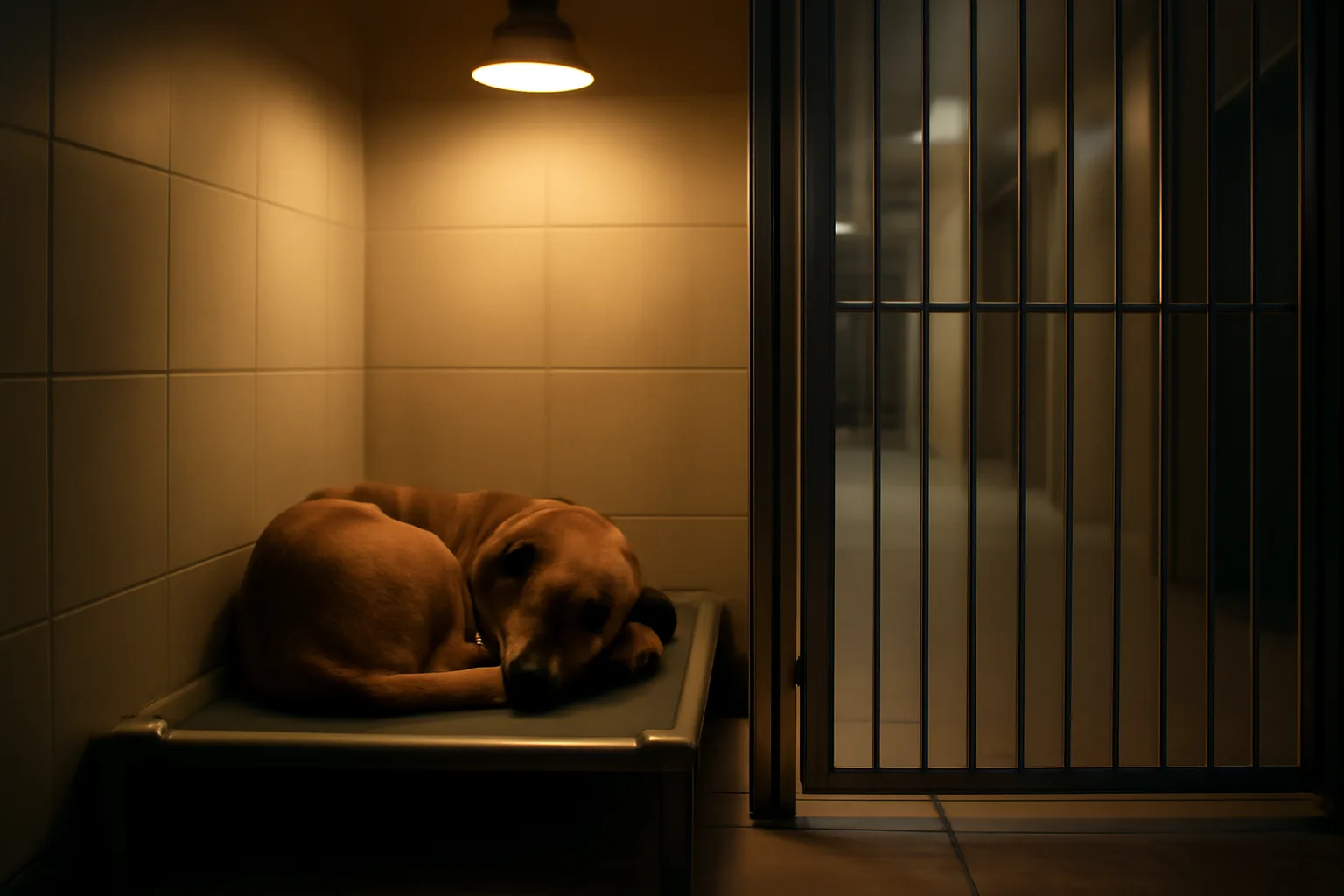A dog sleeping in a clean indoor kennel enclosure at night during overnight dog daycare