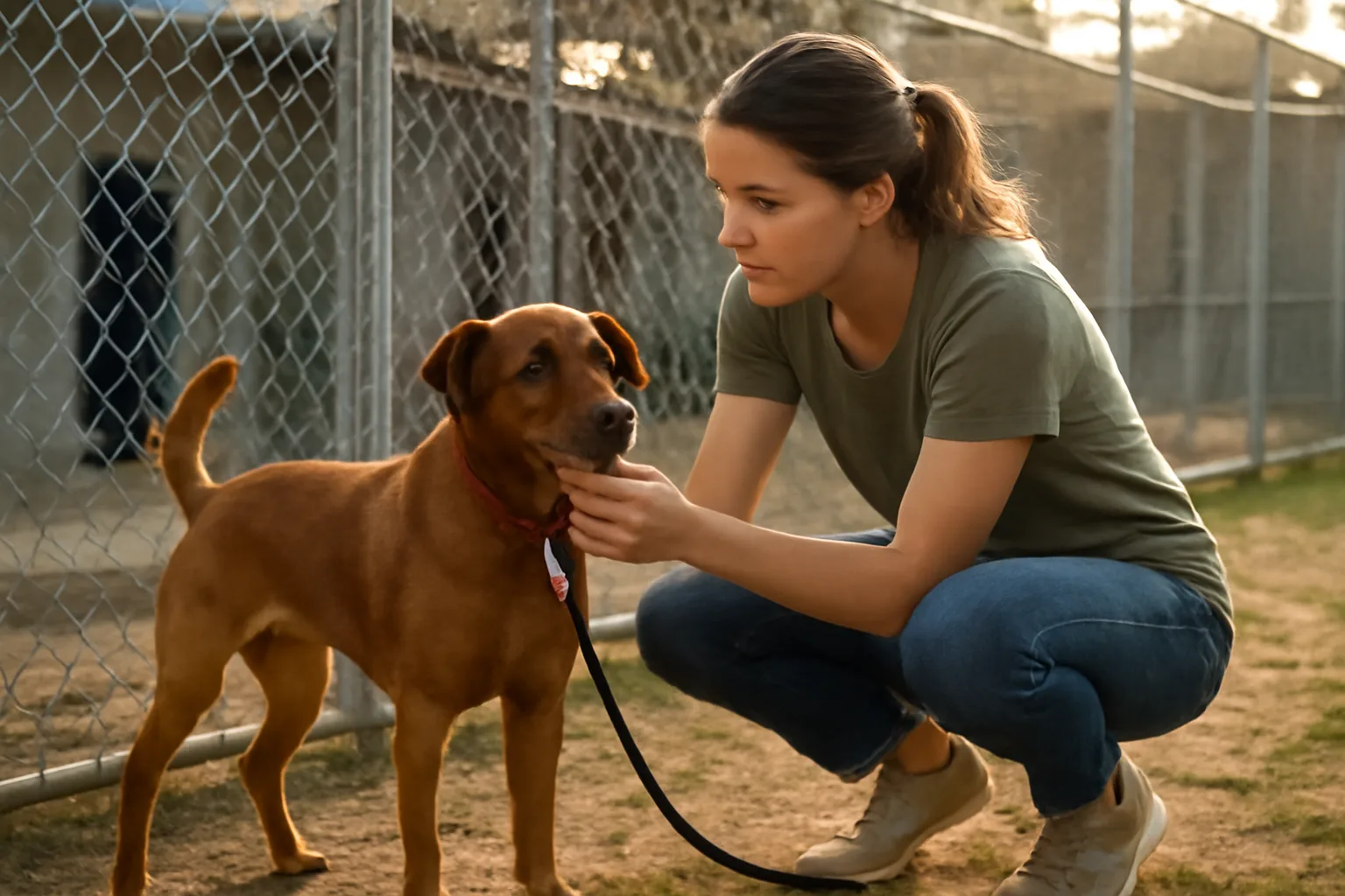 Kennel worker checking a dog's collar tag outside a pet boarding facility play yard