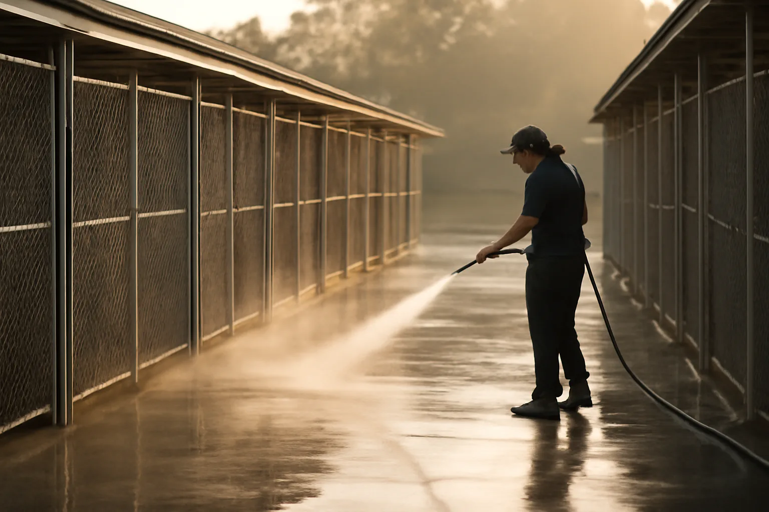 Staff member cleaning outdoor dog kennel runs at a pet boarding facility in early morning light