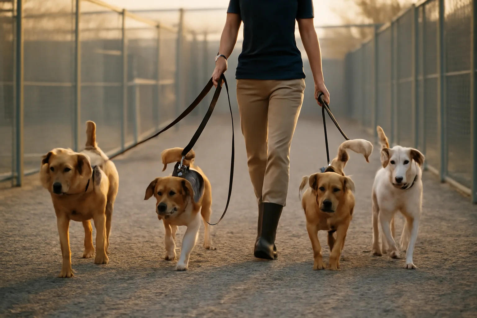 Staff member walking multiple dogs at an outdoor pet boarding facility in morning light