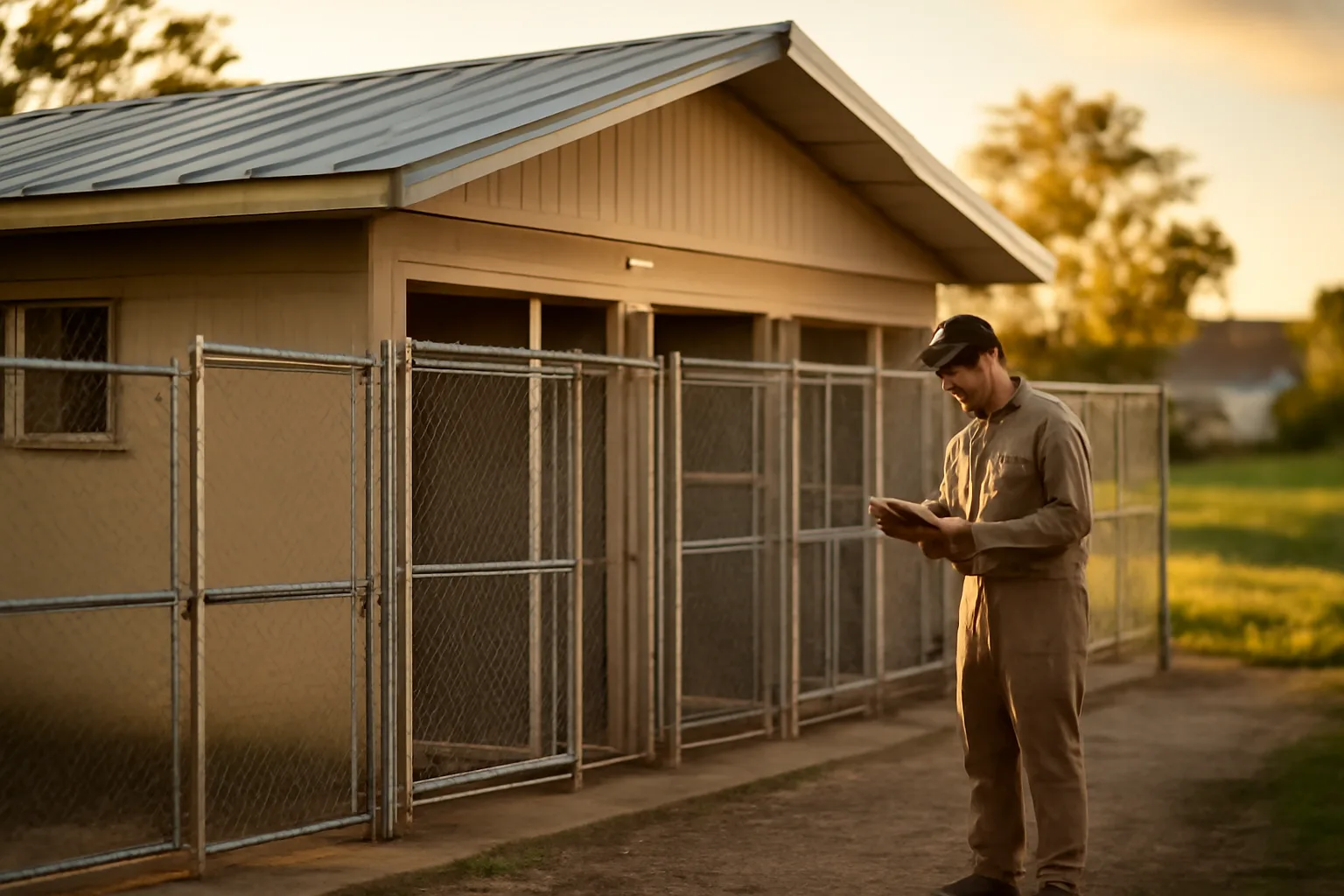 Kennel facility exterior showing outdoor dog runs relevant to pet care business classification