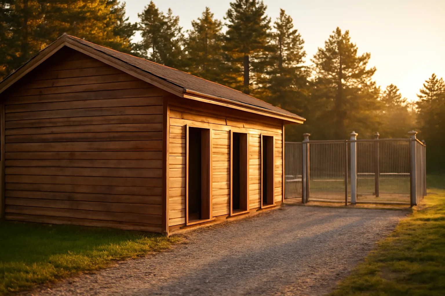 wooden kennel building with fenced outdoor run at pet ponderosa style facility