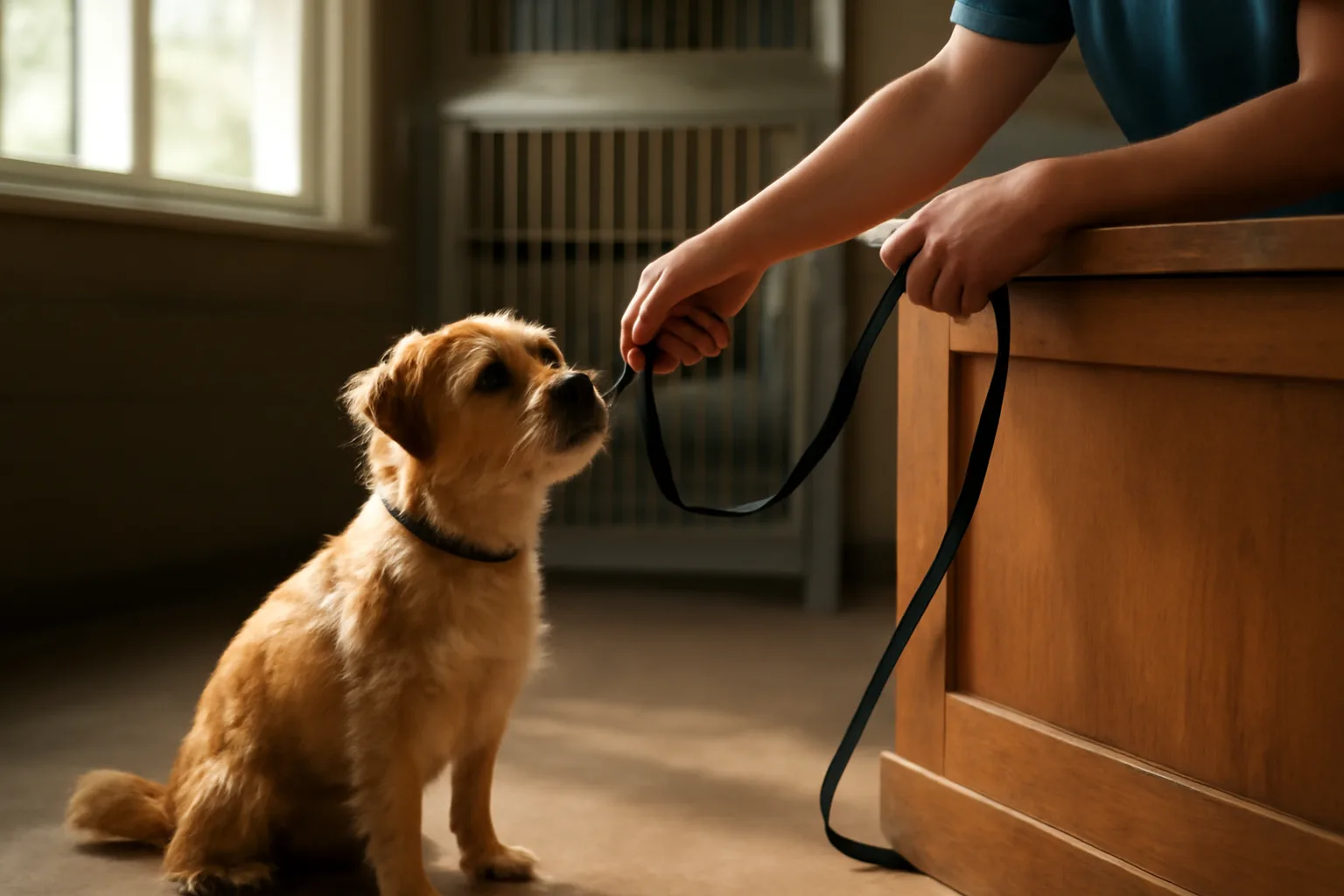 dog being checked in at a boarding kennel front desk in morning light