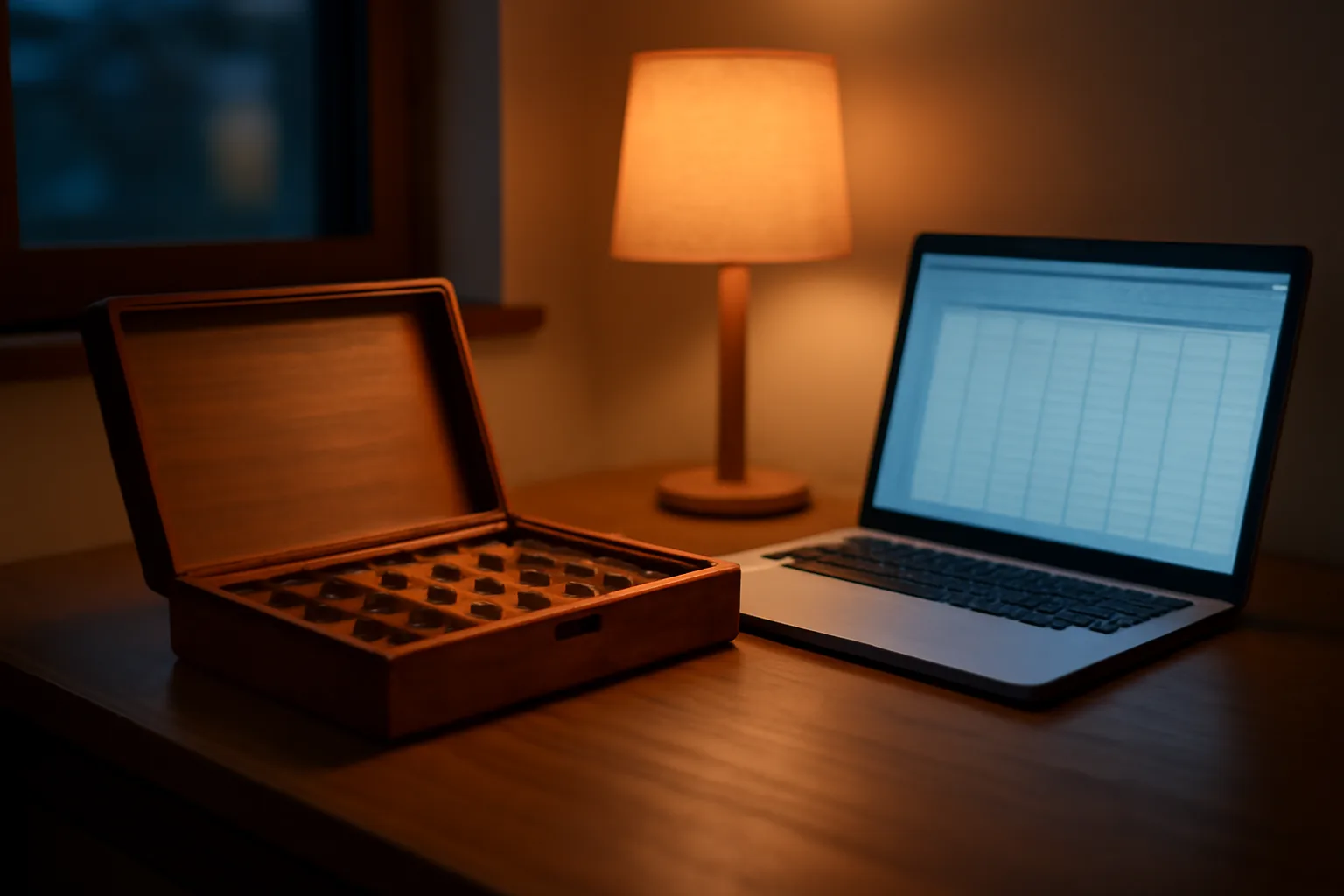 Board game box open on a desk beside a laptop showing spreadsheet data